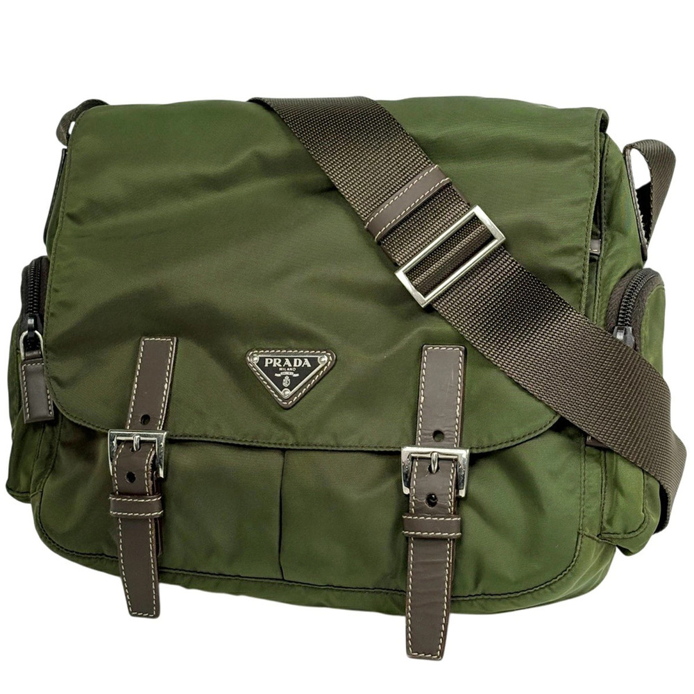 Prada Plate Shoulder Bag Khaki Green Green Beige Cream Brown